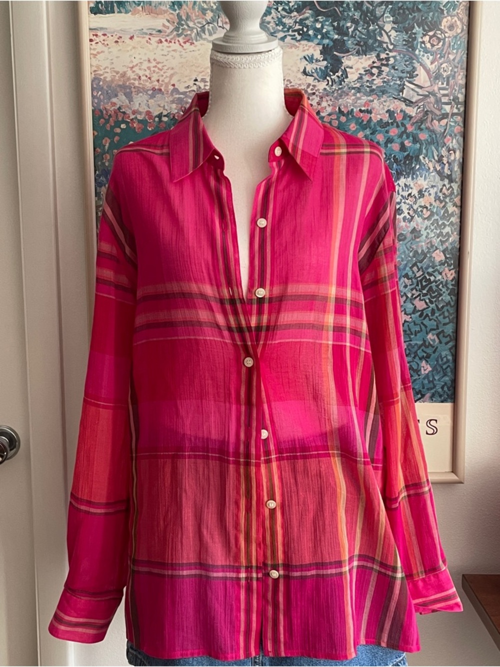 Liz Claiborne Pink Plaid Button-Down Shirt Large 100% Cotton Preppy Cottagecore